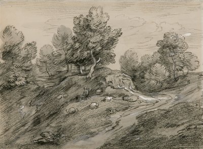 Wooded Upland Landscape with Shepherd and Sheep and Country Track Winding Around a Knoll by Thomas Gainsborough